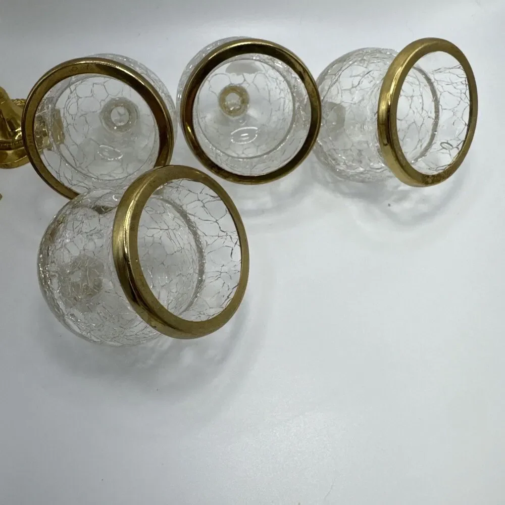 Vintage Mid-Century Gold Brass & Crackle Glass Votive Candle Holder Set of 4